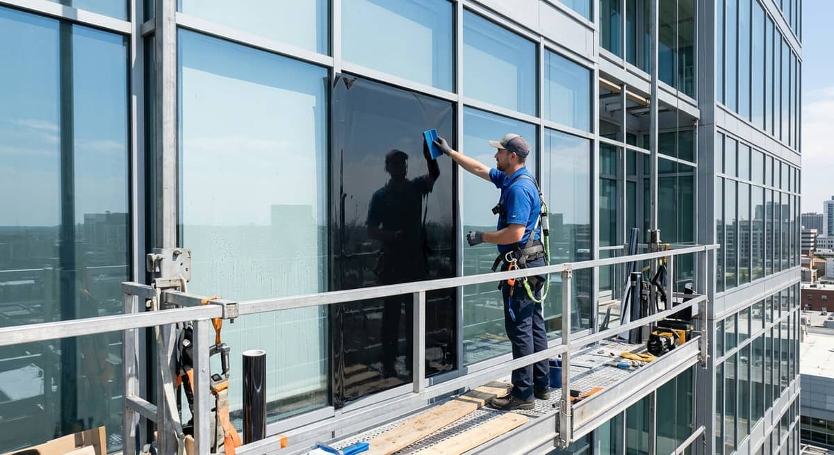 Pose professionnelle de film solaire à l'extérieur des vitrages